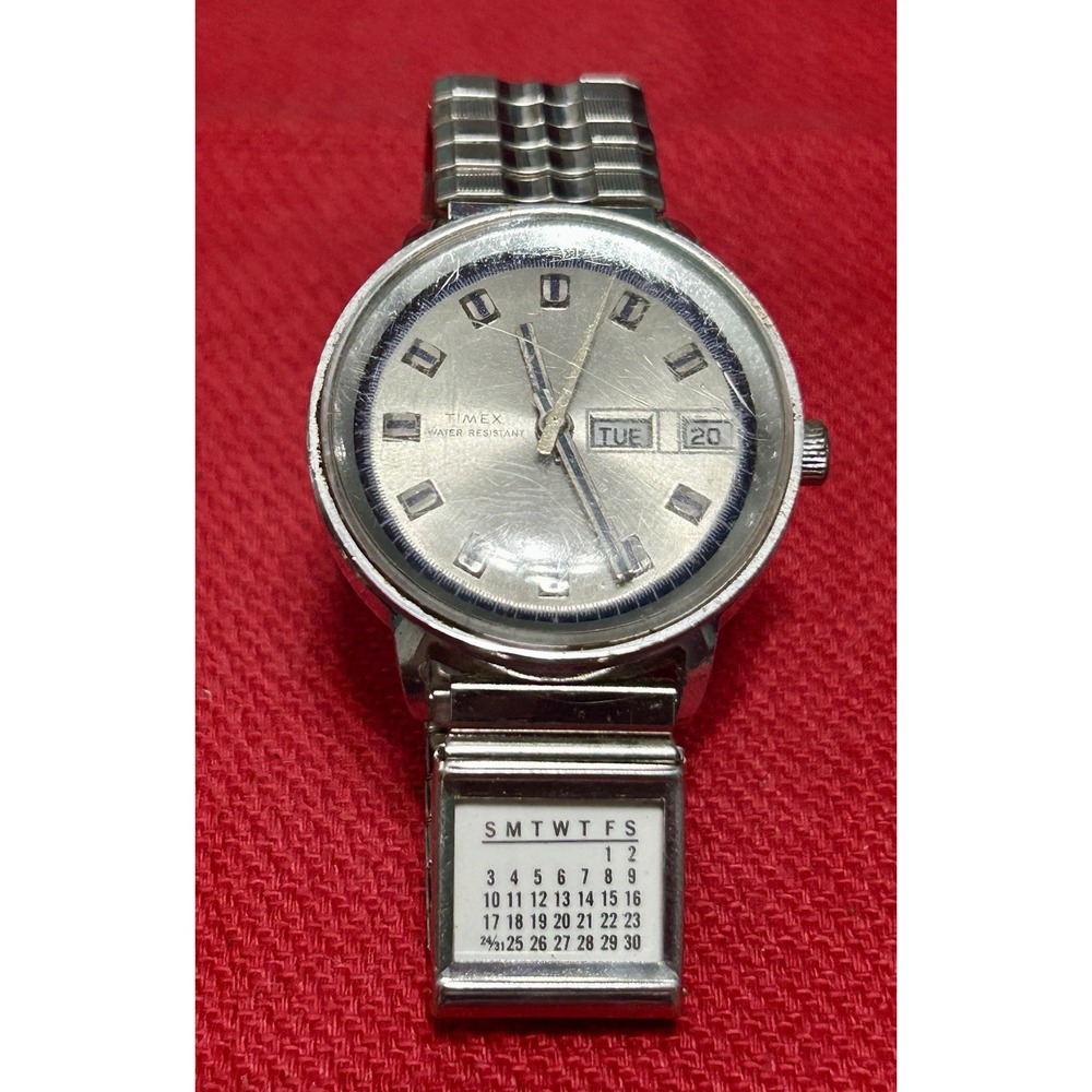 Vintage 70's Timex Marlin Day-Date Textured Silver Dial w Calendar on Band Rare